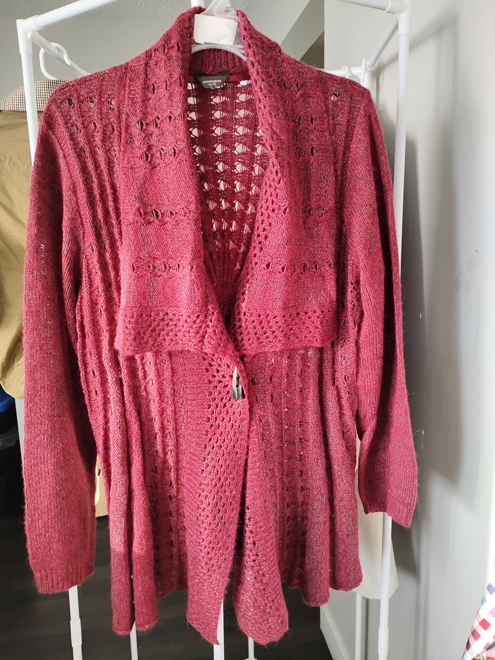 Denver Hayes Women Open-Front Draped Collar Burgundy WaterFall Cardigan Sweater
